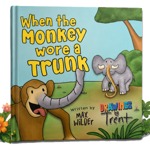 A children's book titled "When the Monkey wore a Trunk" shown standing upright on a white background, with cartoon illustrations of a monkey and an elephant and decorative flowers along the bottom left.